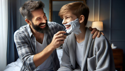 Pap&aacute; Ayudando a su Hijo Menor a Afeitarse: Un Momento de Aprendizaje y Uni&oacute;n Familiar