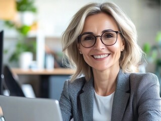 Businesswoman Smiling at Camera with Laptop