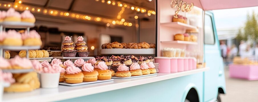 Mobile bakery truck with a vintage, Parisian feel, serving French pastries and desserts, elegant treats, cultural charm