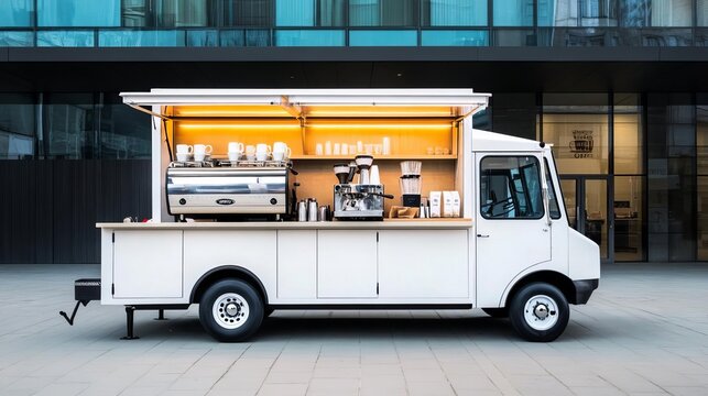 Mobile barista truck with a chic, cafe-like design, serving specialty coffee drinks, coffee culture, urban buzz