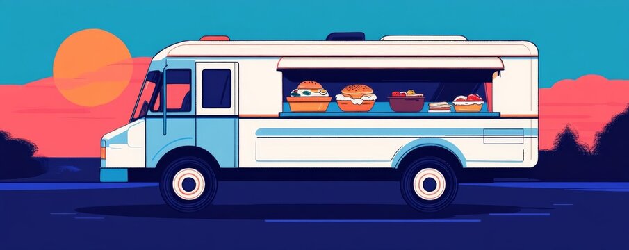 Mobile breakfast truck with a cheerful, morning-themed design, serving breakfast favorites, early riser eats, comforting morning meals