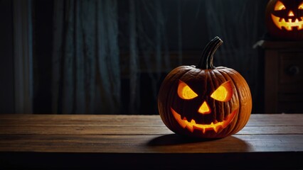 Glowing jack-o'-lantern pumpkin on a wooden table during Halloween night