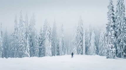 Fototapeta premium Snowy Forest in Winter with a lone hiker
