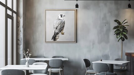 Illustrate a minimalist restaurant interior with light gray walls, featuring a hand-made painting of a falcon in a contemporary frame mockup. generative ai