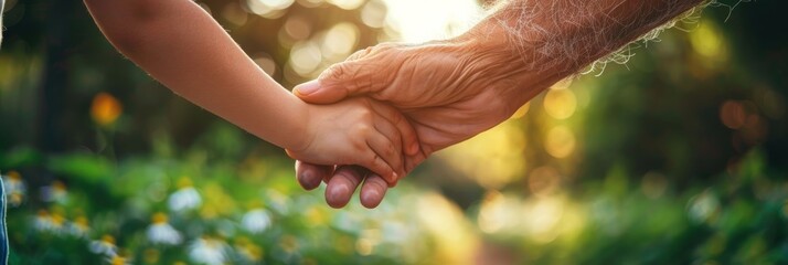 affectionate hands of child and grandfather in close up, selective focus
