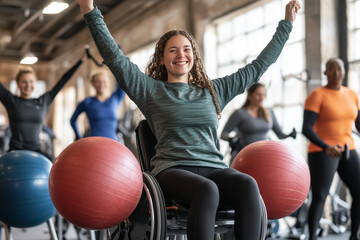 A woman in a wheelchair is surrounded by other people in a gym