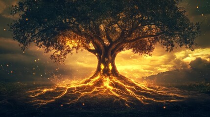 Obraz premium Ancient tree with glowing roots spreading energy into the earth, spirit figures guiding the energy flow, tree spirit empower, earths empowerment through spirits