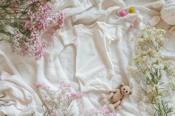 Plain White Baby Romper with Floral Elements and Plush Bear for Baby Shower or Nursery Decor Ideas