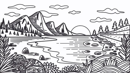 Landscape coloring page for adults - calm mountain and ocean landscapes with sun, rocks and zentangle patterns for relaxationand creativity. Coloring book for children.