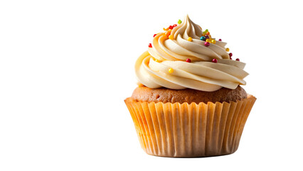 Vanilla cupcake with creamy swirl frosting and colorful sprinkles, ideal for baking and food designs, transparent PNG file