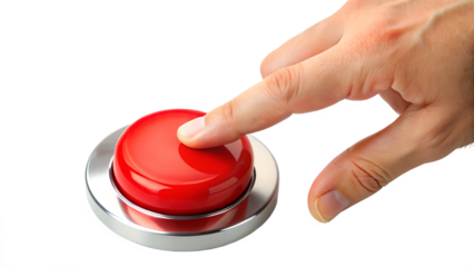 Finger pushing a bright red button, symbolizing urgency or critical action, close-up shot, transparent PNG file