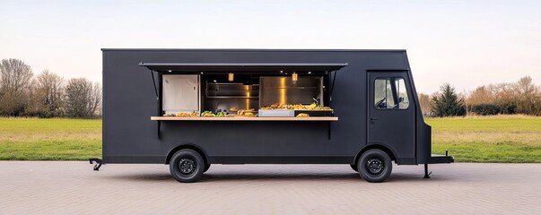Modern food truck with a sleek black exterior, serving fusion cuisine, contemporary style, creative menu