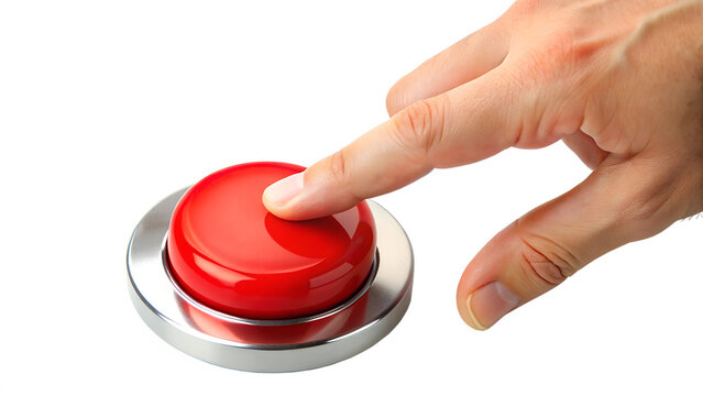 Finger pushing a bright red button, symbolizing urgency or critical action, close-up shot, transparent PNG file