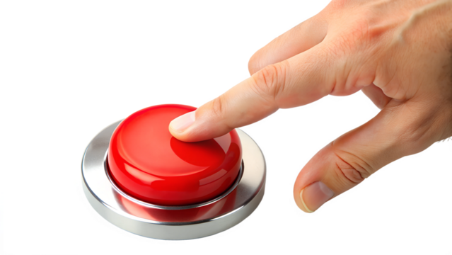 Finger pushing a bright red button, symbolizing urgency or critical action, close-up shot, transparent PNG file