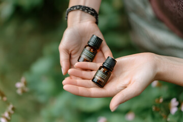 hands rubbing essential oils onto the wrists, with the bottle in the background