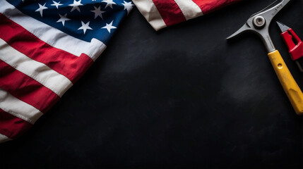 Patriotic Labor Day Tribute Post Banner With American Flag and Work Tools 
