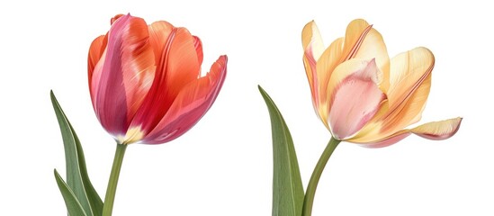 Fototapeta premium Two Beautiful Tulip Flowers Isolated On White Background