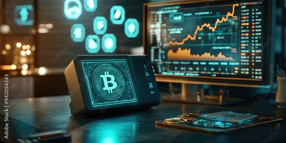 Poster a bitcoin symbol displayed on a device.