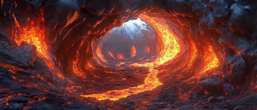Fiery volcanic tunnel with molten lava rivers and glowing embers revealing a mystical realm of fire dragons and ancient forges
