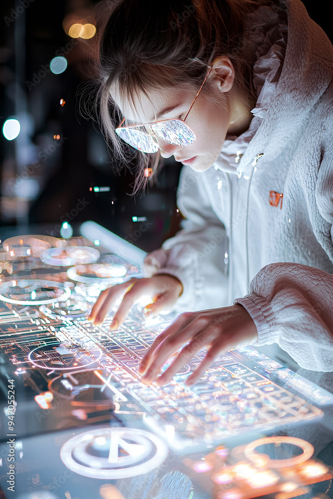 Poster a woman is typing on a computer screen with a glowing keyboard