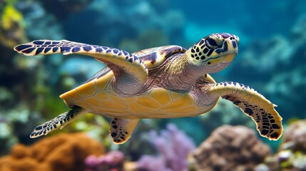 Close-Up of Threatened Hawksbill Turtle, Navigating Coral Reef, Distinctive Features Prominent, Useful in Marine Conservation Studies