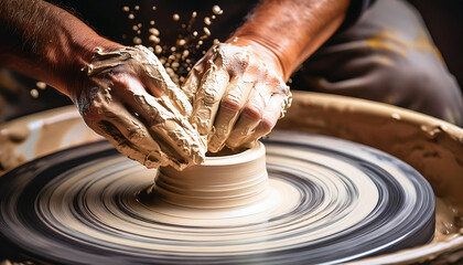 Hands shaping wet clay on a pottery wheel, with clay splattering as the wheel spins