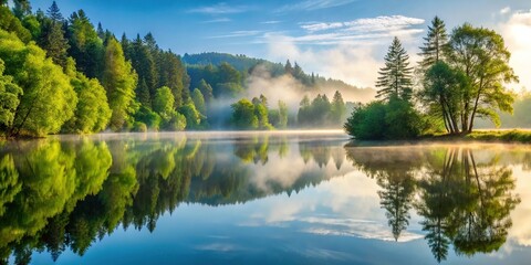Fototapeta premium Serene morning mist wraps around tranquil lake's edge, where towering trees and lush foliage are perfectly mirrored in the still, glassy water's reflective surface.