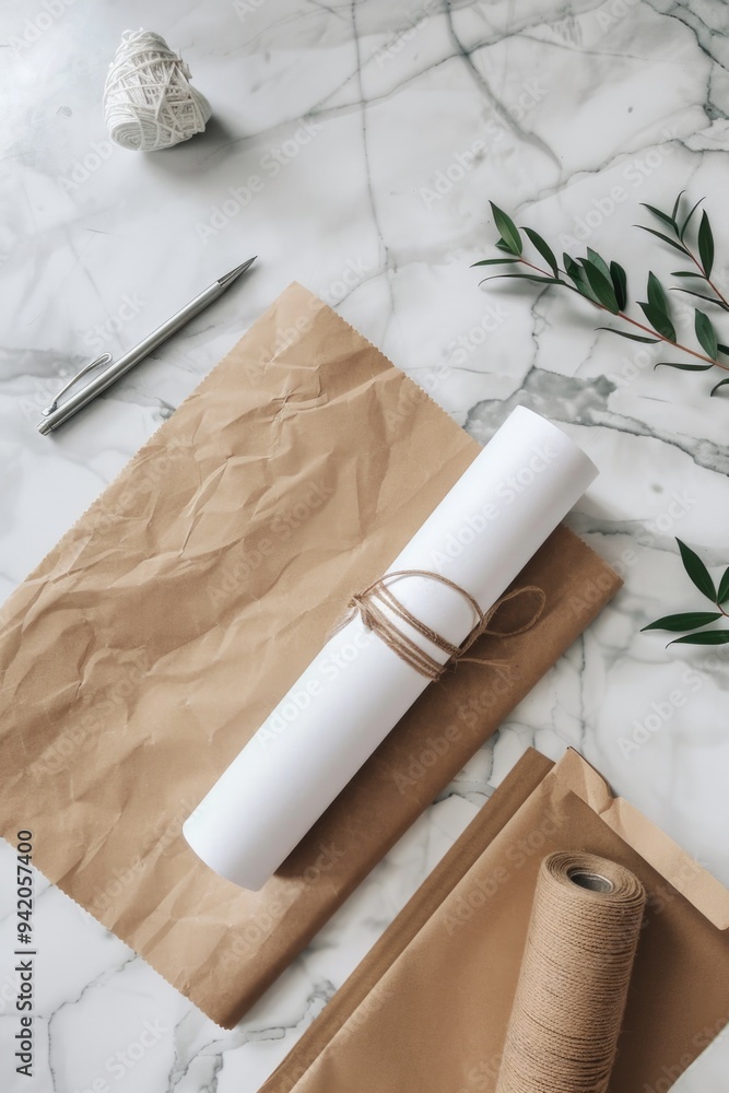 Poster Rolls of paper and twine placed on a table