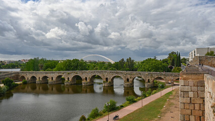 Merida Puente Romana - the longest surviving roman bridge. 755 metres with 62 spans over the Guadiano River. Now pedestrianised as road traffic is redirected over the nearby modern Lusitania Bridge.