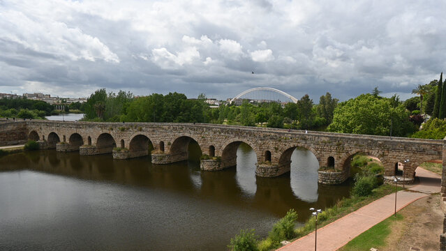 Merida Puente Romana - the longest surviving roman bridge. 755 metres with 62 spans over the Guadiano River. Now pedestrianised as road traffic is redirected over the nearby modern Lusitania Bridge.