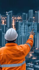 A professional wearing an orange safety jacket and white helmet engages with digital construction plans displayed on a screen, highlighting data flow in a machinery-filled space