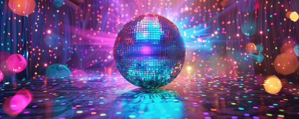 Sparkling disco ball under neon lights in lively scene