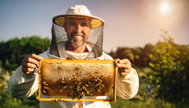 Portrait of a beekeeper in full protective gear, with a gentle smile 