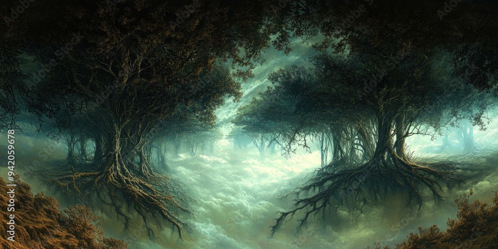 Poster enchanted forest with ethereal mist and tree roots.