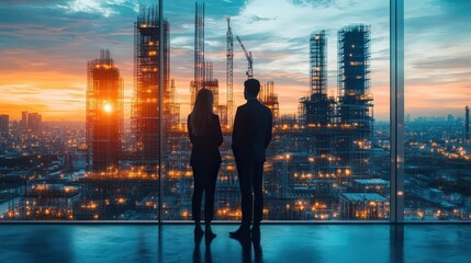 Business executives planning a factory expansion, showcasing investment and growth strategies (focus on, expansion planning theme, ethereal, fusion, construction site backdrop)