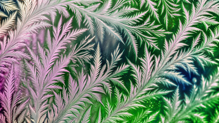 The frost patterns on the glass, winter Christmas background with winter light, snowflakes and a magical glow create a feeling of a holiday and New Year's miracle. Wallpaper, banner, card, background
