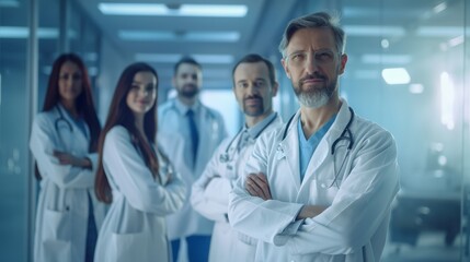 A group of confident medical professionals, including doctors and specialists, standing in a modern hospital setting. They represent teamwork, expertise, and commitment to healthcare excellence.