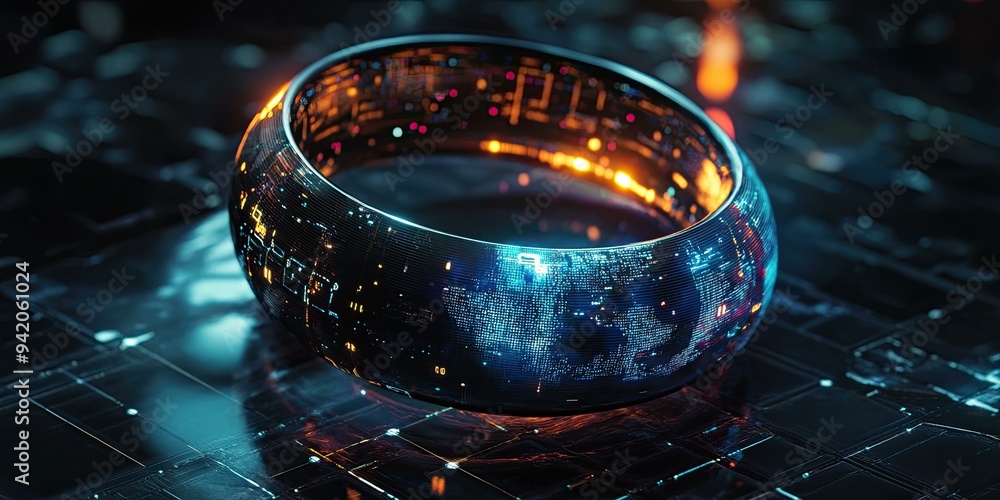 Poster glowing ring with data on a circuit board.