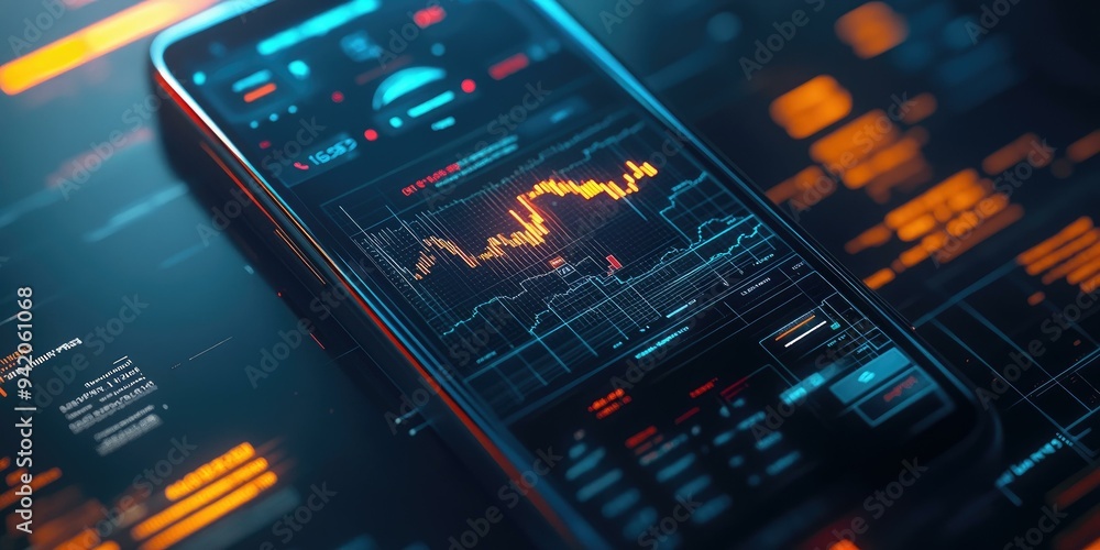 Poster phone displaying stock market data and graphs.