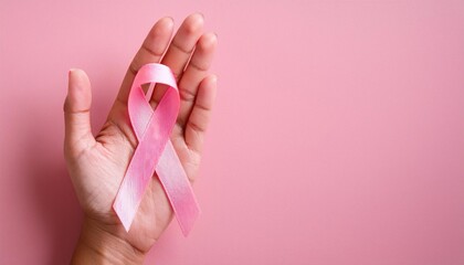 woman hand hold Pink Ribbon Pink October Breast Cancer Awareness month National cancer survivors month, Mother and World cancer day concept