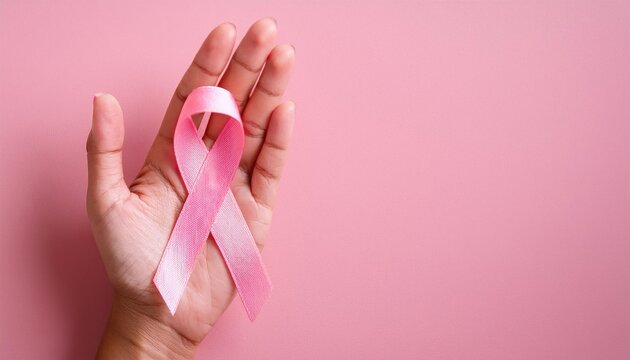 woman hand hold Pink Ribbon Pink October Breast Cancer Awareness month National cancer survivors month, Mother and World cancer day concept - Powered by Adobe