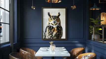 Illustrate a stylish restaurant interior with navy blue walls, featuring a hand-made painting of a wise owl in a contemporary frame mockup. generative ai