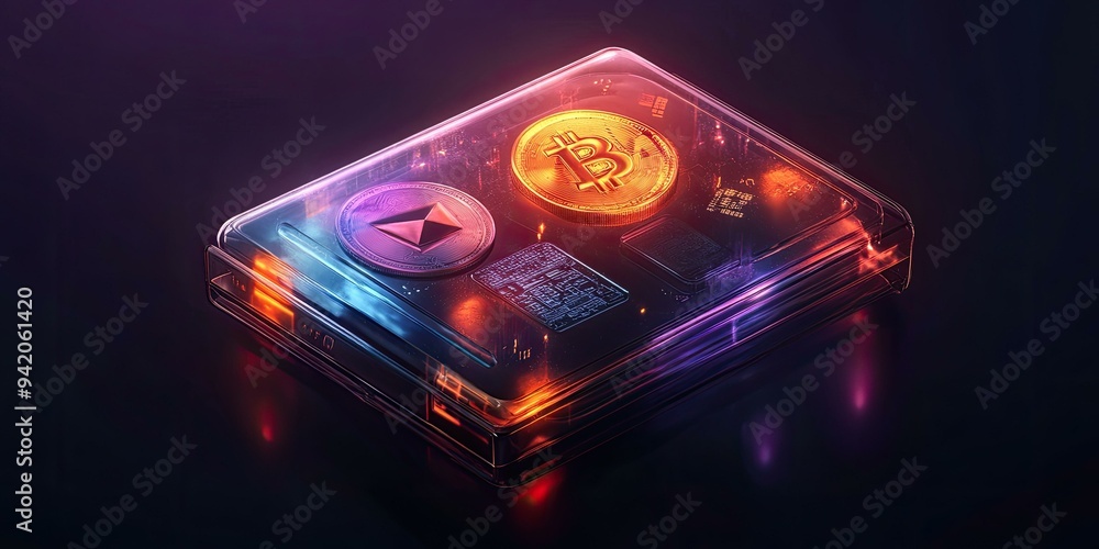 Poster glass case with bitcoin and ethereum coins.
