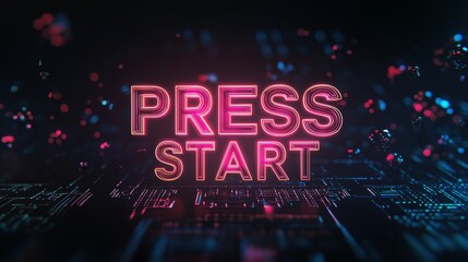 Press Start neon text with glitch and motion blur effects background. Press Start neon design for digital games.