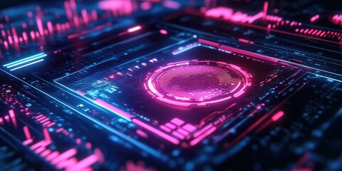 Obraz premium Futuristic digital interface with pink and blue lights.