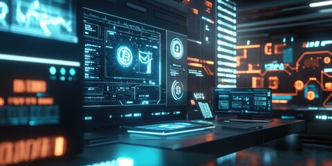 Fototapeta premium Futuristic workspace with glowing Bitcoin symbol.