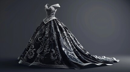 A black ball gown with a silver beaded floral pattern.