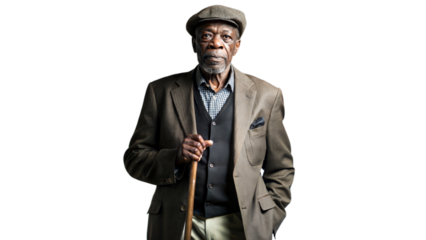 Senior Black man wearing a suit and hat, holding a cane, looking confident and thoughtful