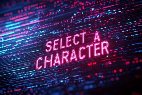 Select a Character neon text with glitch and motion blur effects background. Select a Character neon design for digital games.