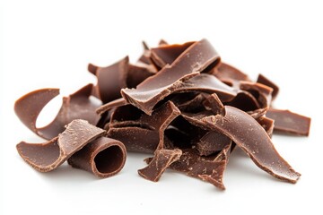 Chocolate curl and chocolate chips or pieces isolated on white background